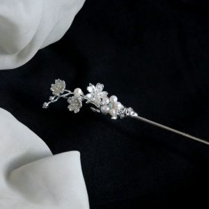 original white plum blossom branch pearl chinese hair pin perfectly complements traditional Hanfu hair accessories and is perfect for a Chinese wedding.