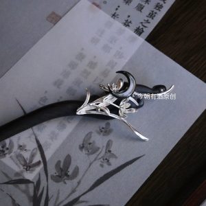 handmade Chinese wooden hair pin, featuring a moon and orchid pattern, is perfect for traditional Hanfu, cheongsam, important Chinese occasions, and weddings.