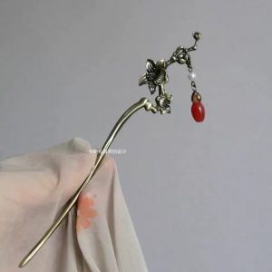 Original Bronze Orchid chinese Hair Stick with Red Agate, for Hanfu hair accessories traditional